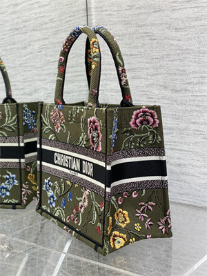 CD Small Book Tote Petites Fleurs Embroidery Kaki Green Multicolor