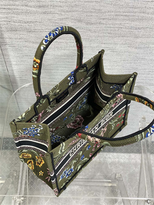 CD Small Book Tote Petites Fleurs Embroidery Kaki Green Multicolor