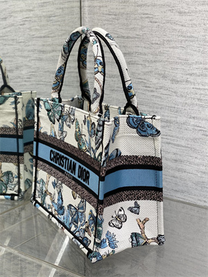 CD Small Book Tote Toile de Jouy Mexico Embroidery White and Pastel Midnight Blue