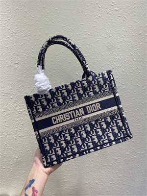 CD Small Book Tote Ecru and Blue Oblique Embroidery