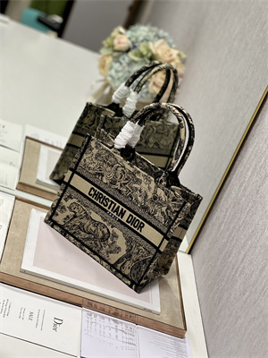 CD Small Book Tote Toile de Jouy Embroidery Beige and Black