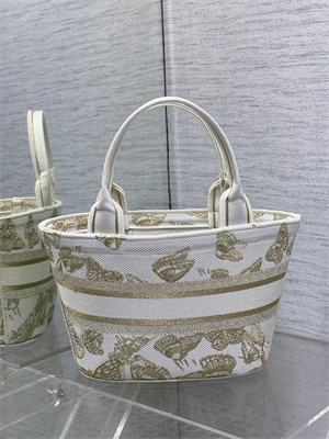 CD Hat Basket Bag Gradient Butterflies Embroidery White and Gold Tone