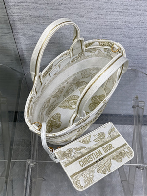 CD Hat Basket Bag Gradient Butterflies Embroidery White and Gold Tone