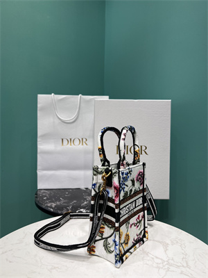CD Mini Vertical Di.or Book Tote With Strap Petites Fleurs Embroidery White Multicolor