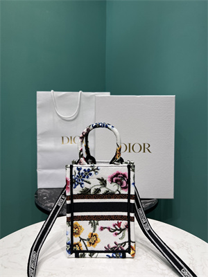 CD Mini Vertical Di.or Book Tote With Strap Petites Fleurs Embroidery White Multicolor