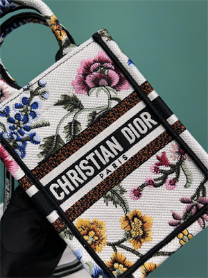 CD Mini Vertical Di.or Book Tote With Strap Petites Fleurs Embroidery White Multicolor