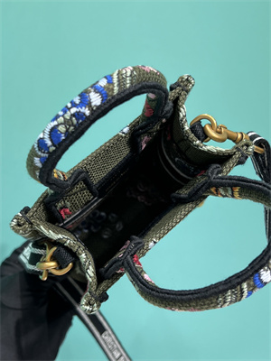 CD Mini Vertical Di.or Book Tote With Strap Petites Fleurs Embroidery Kaki Green Multicolor