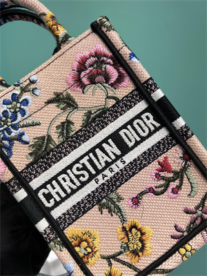 CD Mini Vertical Di.or Book Tote With Strap Petites Fleurs Embroidery Nude Beige Multicolor