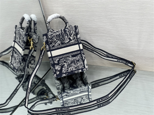 CD Mini Vertical Di.or Book Tote With Strap Blue Toile de Jouy Embroidery