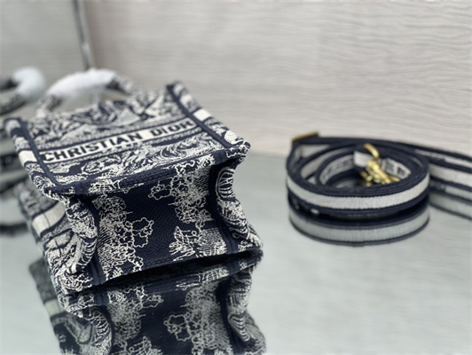 CD Mini Vertical Di.or Book Tote With Strap Blue Toile de Jouy Embroidery