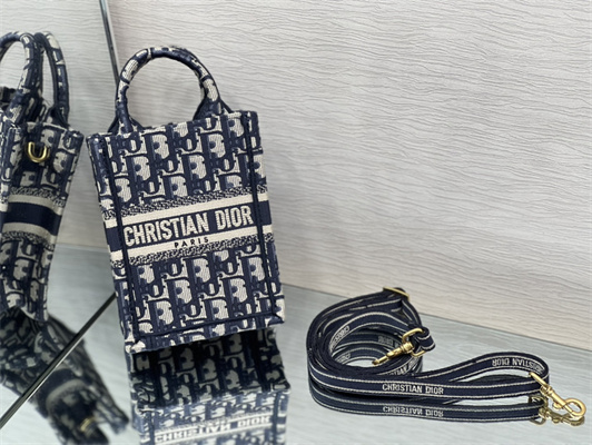 CD Mini Vertical Di.or Book Tote With Strap Blue Oblique Embroidery