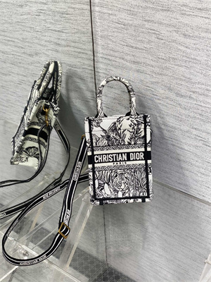 CD Mini Vertical Di.or Book Tote With Strap Voyage Toile de Jouy Embroidery White and Black