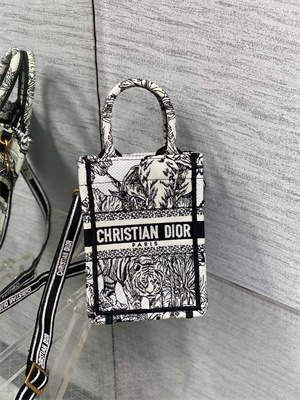 CD Mini Vertical Di.or Book Tote With Strap Voyage Toile de Jouy Embroidery White and Black