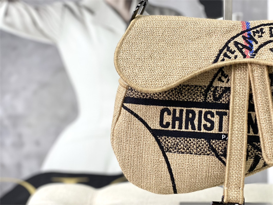 CD Saddle Bag Jute Canvas Embroidery With Dior Union Motif Beige Color