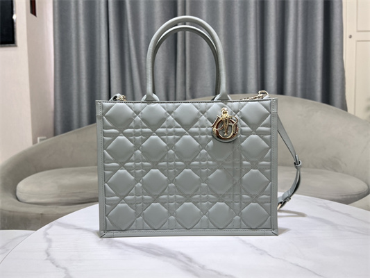 CD Medium Book Tote With Strap Macrocannage Calfskin Grey