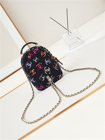 Cha.nel Mini Backpack Fabric With CC Printing Gold-Tone Metal Black AP3753