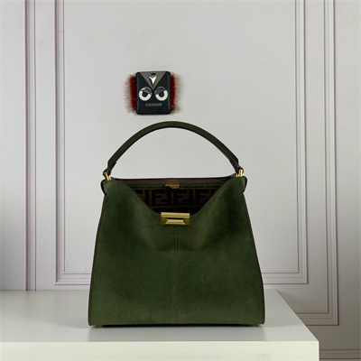 Fen.di Peekaboo X-Lite Medium Suede Leather Bag Green Color