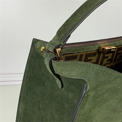 Fen.di Peekaboo X-Lite Medium Suede Leather Bag Green Color