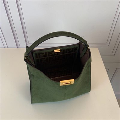 Fen.di Peekaboo X-Lite Medium Suede Leather Bag Green Color