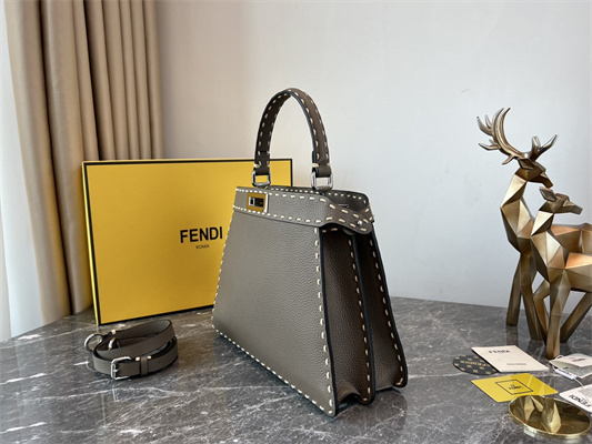 Fen.di Peekaboo Iconic ISeeU Medium Bag Cuoio Romano Leather Dk Grey Color With Topstitches