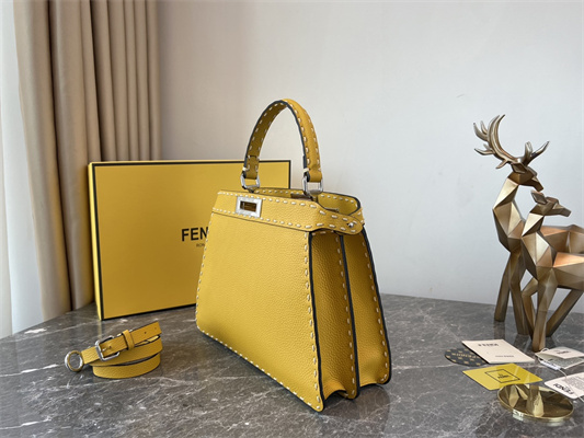Fen.di Peekaboo Iconic ISeeU Medium Bag Cuoio Romano Leather Yellow Color With Topstitches