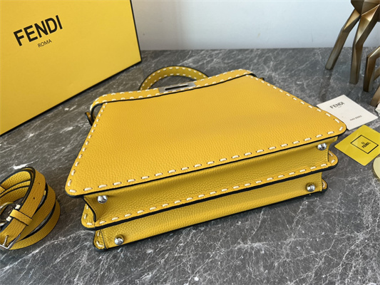 Fen.di Peekaboo Iconic ISeeU Medium Bag Cuoio Romano Leather Yellow Color With Topstitches
