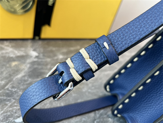 Fen.di Peekaboo Iconic ISeeU Medium Bag Cuoio Romano Leather Blue Color With Topstitches