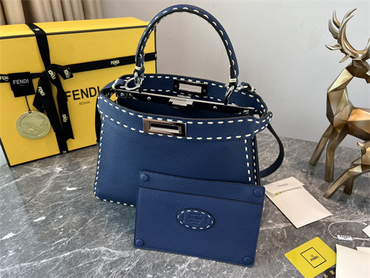 Fen.di Peekaboo Iconic ISeeU Medium Bag Cuoio Romano Leather Blue Color With Topstitches