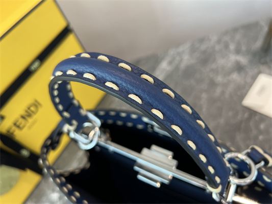 Fen.di Peekaboo Iconic ISeeU Medium Bag Cuoio Romano Leather Blue Color With Topstitches