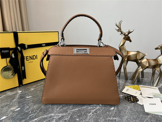 Fen.di Peekaboo Iconic ISeeU Medium Bag Cuoio Romano Leather Brown Color With Topstitches
