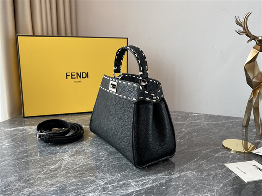 Fen.di Peekaboo Mini Bag Cuoio Romano Leather Black Color With Topstitches