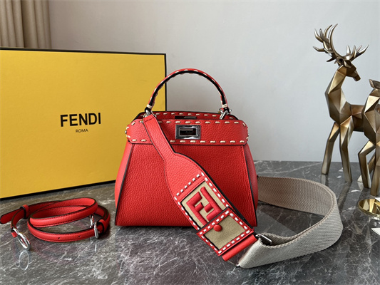 Fen.di Peekaboo Mini Bag Cuoio Romano Leather Red Color With Topstitches