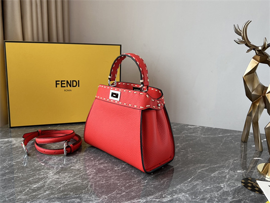 Fen.di Peekaboo Mini Bag Cuoio Romano Leather Red Color With Topstitches
