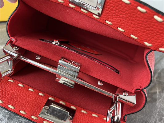 Fen.di Peekaboo Mini Bag Cuoio Romano Leather Red Color With Topstitches