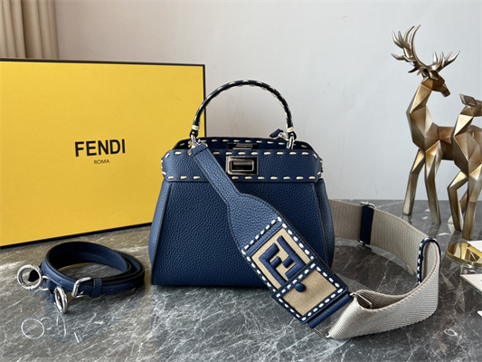 Fen.di Peekaboo Mini Bag Cuoio Romano Leather Dk Blue Color With Topstitches