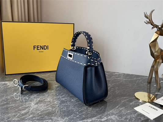 Fen.di Peekaboo Mini Bag Cuoio Romano Leather Dk Blue Color With Topstitches