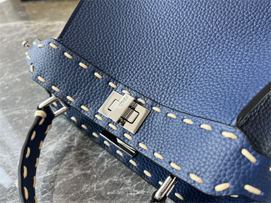 Fen.di Peekaboo Mini Bag Cuoio Romano Leather Dk Blue Color With Topstitches