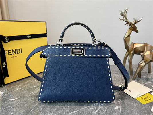 Fen.di Peekaboo Iconic ISeeU Small Bag Cuoio Romano Leather Dk Blue Color With Topstitches