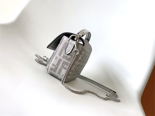 Fen.di BAGUETTE Mini Silver Leather Bag With Crystal FF Motif