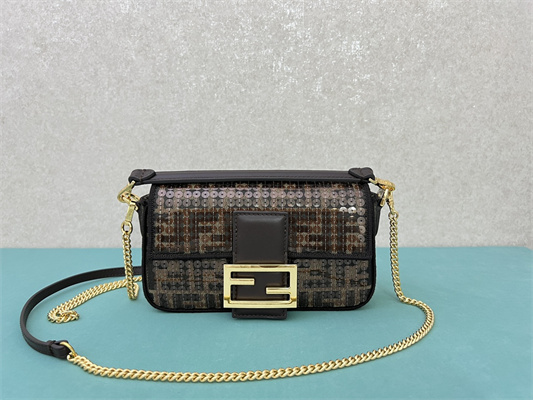 Fen.di BAGUETTE Mini Bag Brown FF Jacquard Fabric With Sequins