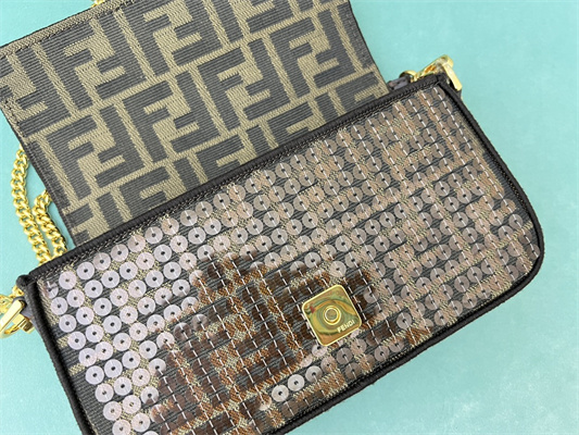 Fen.di BAGUETTE Mini Bag Brown FF Jacquard Fabric With Sequins