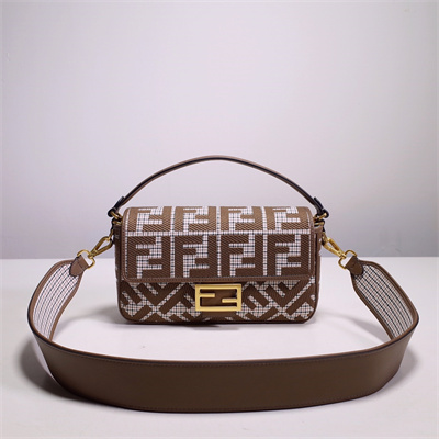Fen.di BAGUETTE Houndstooth Wool Fabric Bag With Brown FF Embroidery