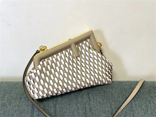 Fen.di FIRST SMALL White and Dove Grey Interlaced Leather Bag