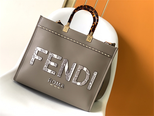 Fen.di SUNSHINE Medium Dove Grey Leather and Elaphe Shopper