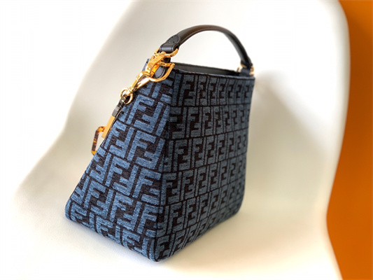Fen.di O’lock Swing Dk Blue Tapestry Fabric Bag With FF Motif
