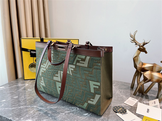 Fen.di Peekaboo X-Tote FF Embroidery Canvas Kaki Green Color