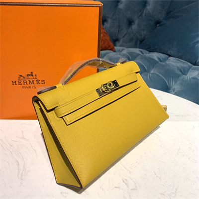 Kelly Pochette Bag Epsom Leather Gold/Silver hardware In Jaune Amber Color HS