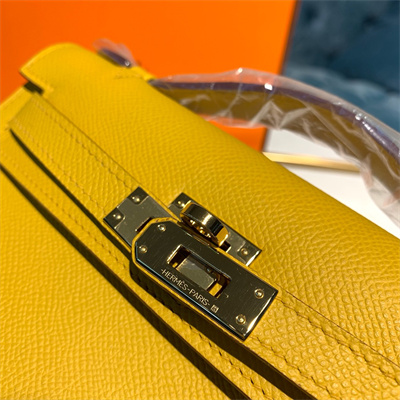 Kelly Pochette Bag Epsom Leather Gold/Silver hardware In Jaune Amber Color HS