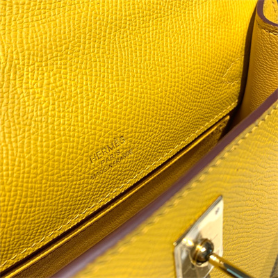 Kelly Pochette Bag Epsom Leather Gold/Silver hardware In Jaune Amber Color HS