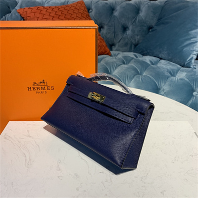 Kelly Pochette Bag Epsom Leather Gold/Silver hardware In Bleu Obscur Color HS